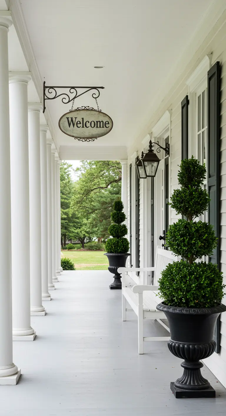Porche señorial con columnas blancas, banco blanco y topiarios simétricos en macetas negras.