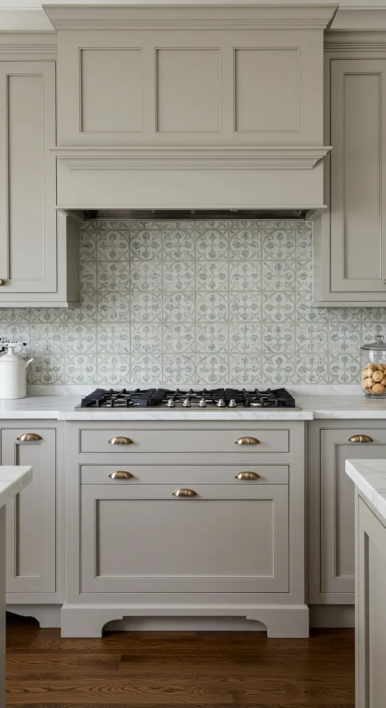 Cocina elegante con gabinetes grises y un salpicadero de azulejos hidráulicos en patrones sutiles de gris y blanco.
