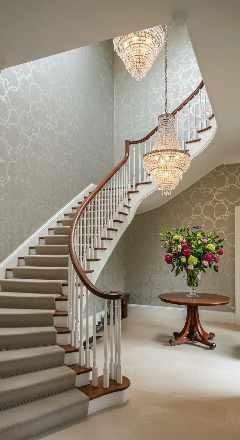 Escalera curva con papel tapiz gris de patrón sutil y candelabros de cristal.