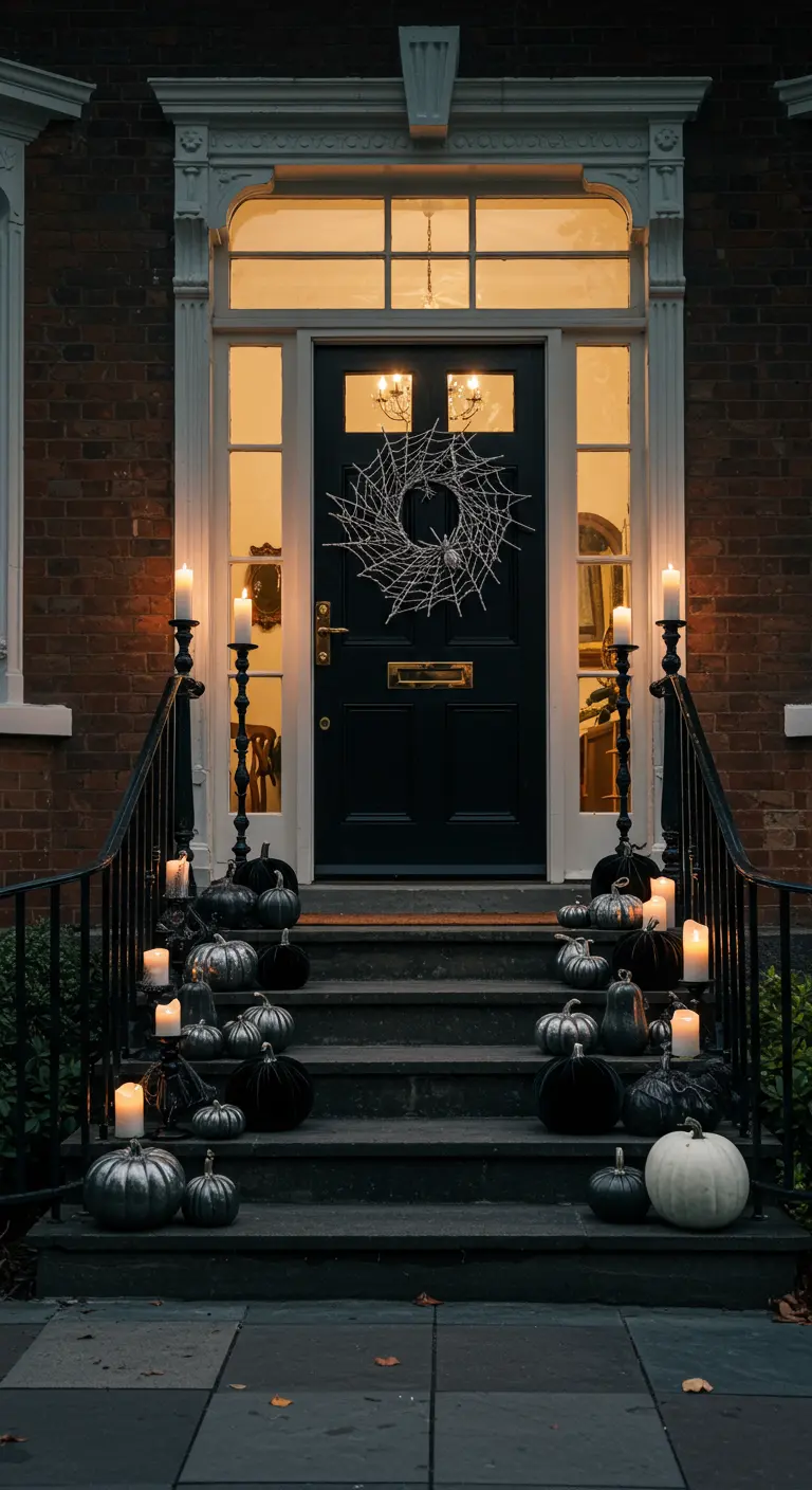 Escalera de entrada con calabazas negras y plateadas, candelabros y una corona de telaraña.