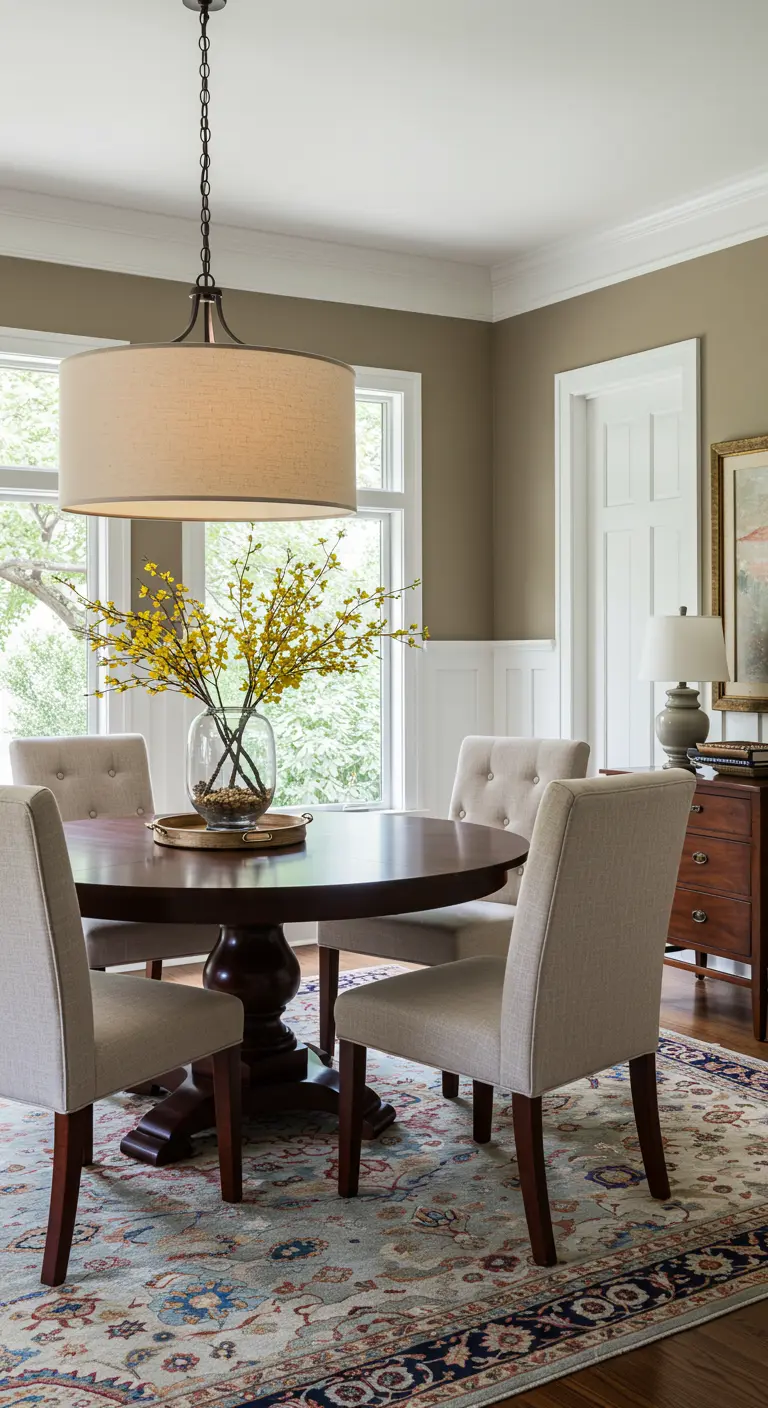 Comedor tradicional con mesa de madera oscura, sillas tapizadas y lámpara tipo tambor.