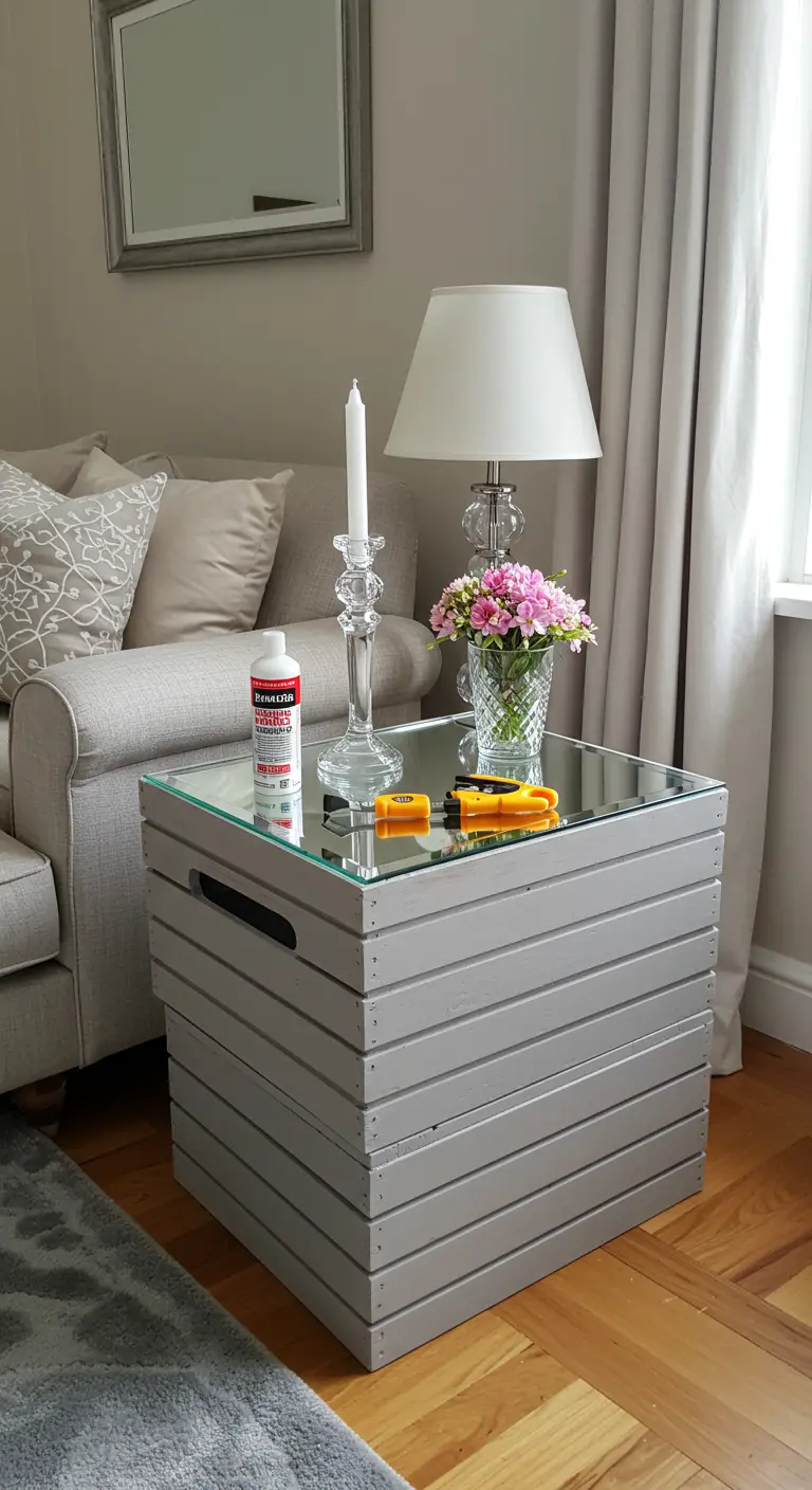 Mesa auxiliar de cajas grises con una superficie de cristal, decorada con flores.