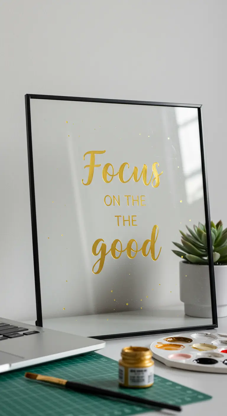 Marco de cristal con la frase 'Focus on the good' pintada en letras doradas y elegantes.
