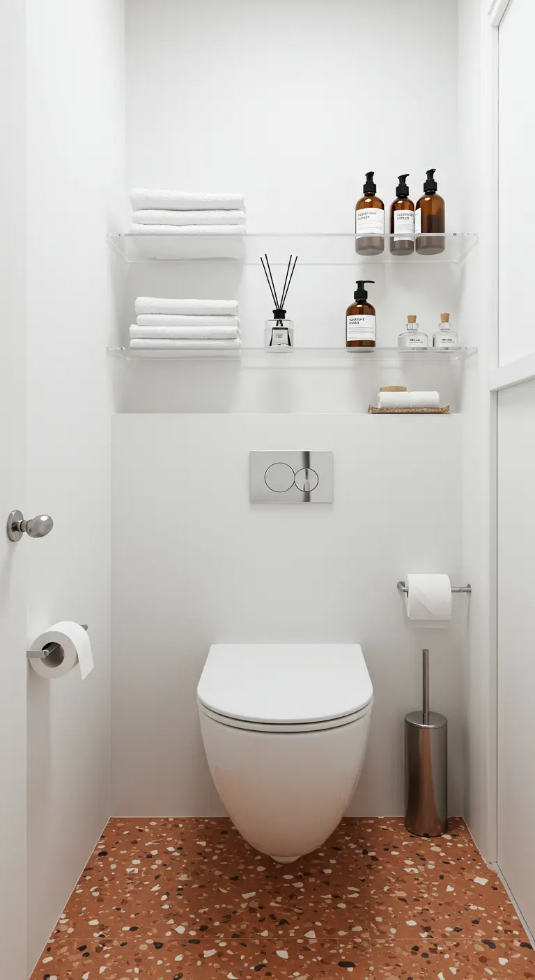 Baño blanco con repisas de acrílico transparente sobre el inodoro y suelo de terrazo.