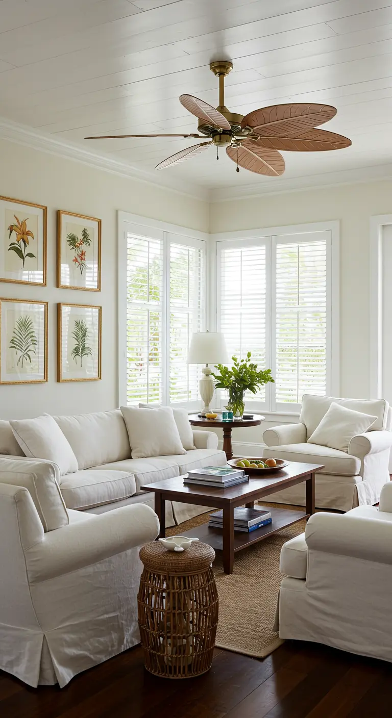 Luminosa sala de estar de estilo colonial británico con sofás blancos y láminas botánicas.