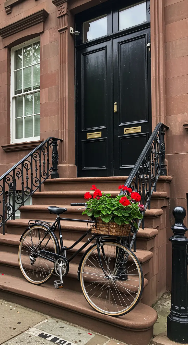 Bicicleta negra con geranios rojos en una cesta, apoyada en una escalera de piedra
