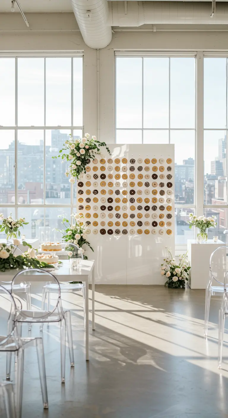 Pared de donuts blanca y minimalista en un loft soleado, decorada con flores blancas.