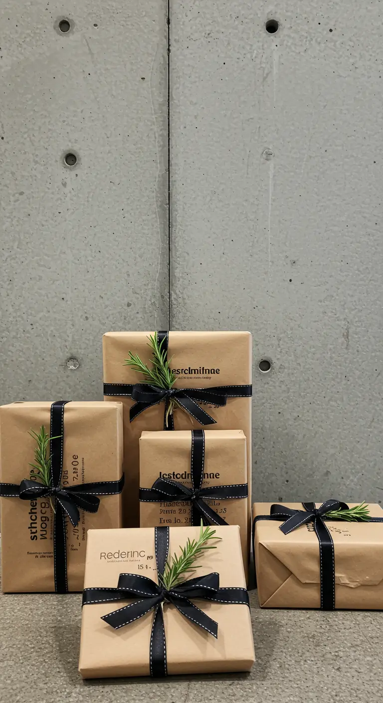 Regalos en papel kraft con lazos negros y una ramita de romero.