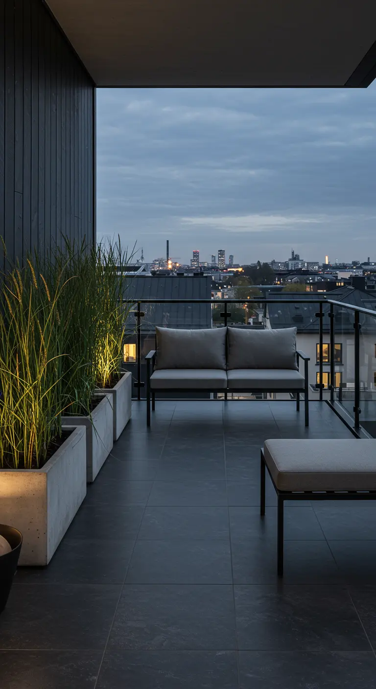 Balcón moderno con fachada oscura, sofá minimalista y jardineras de hormigón con hierbas altas iluminadas.