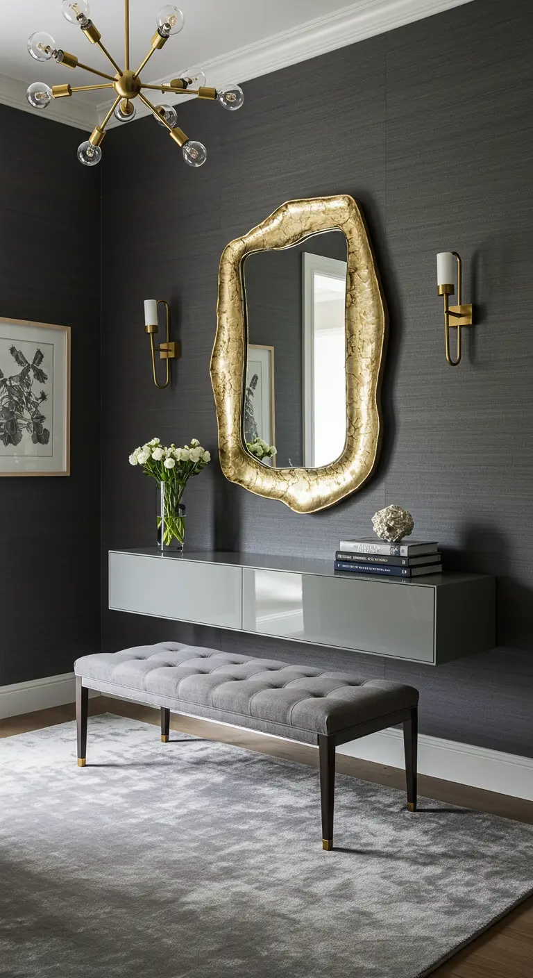 Recibidor moderno en tonos grises con consola flotante y un espejo dorado de forma orgánica.