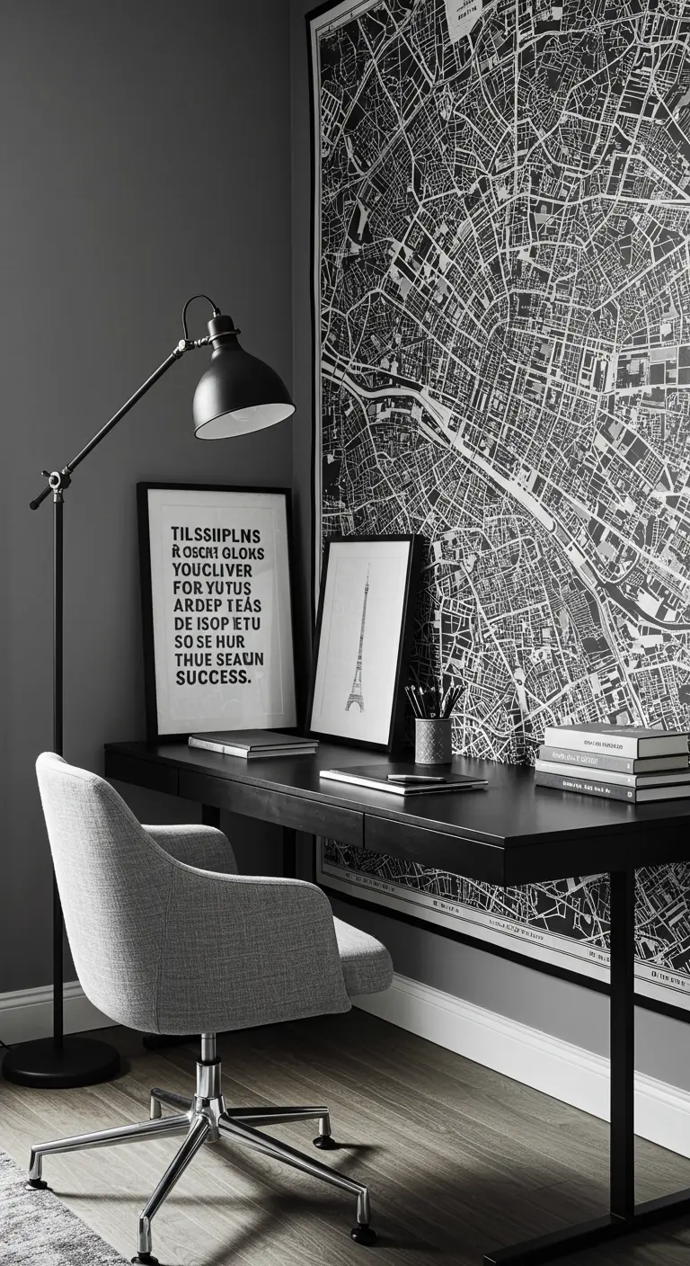 Oficina en casa monocromática con un gran mapa de París en blanco y negro y silla gris.