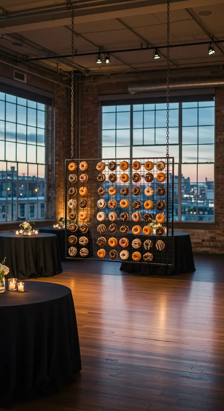 Pared de donuts de rejilla metálica negra suspendida con cadenas en un loft industrial.
