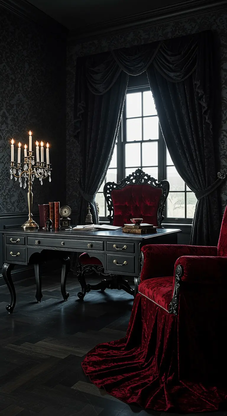 Oficina gótica con papel tapiz de damasco negro, muebles barrocos y sillas de terciopelo rojo.