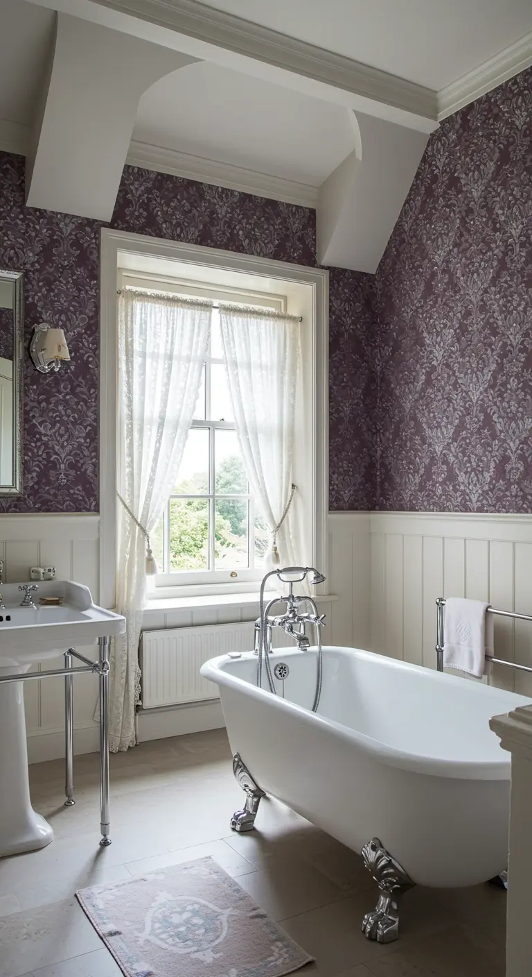 Baño de estilo victoriano con papel pintado de damasco púrpura y una bañera con patas