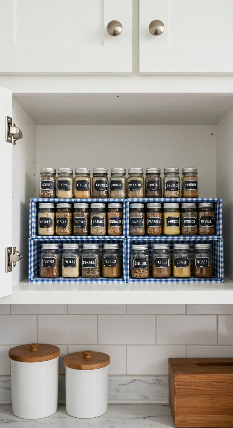 Organizador de especias de dos niveles hecho con cajas de zapatos y forrado con tela de cuadros azules.