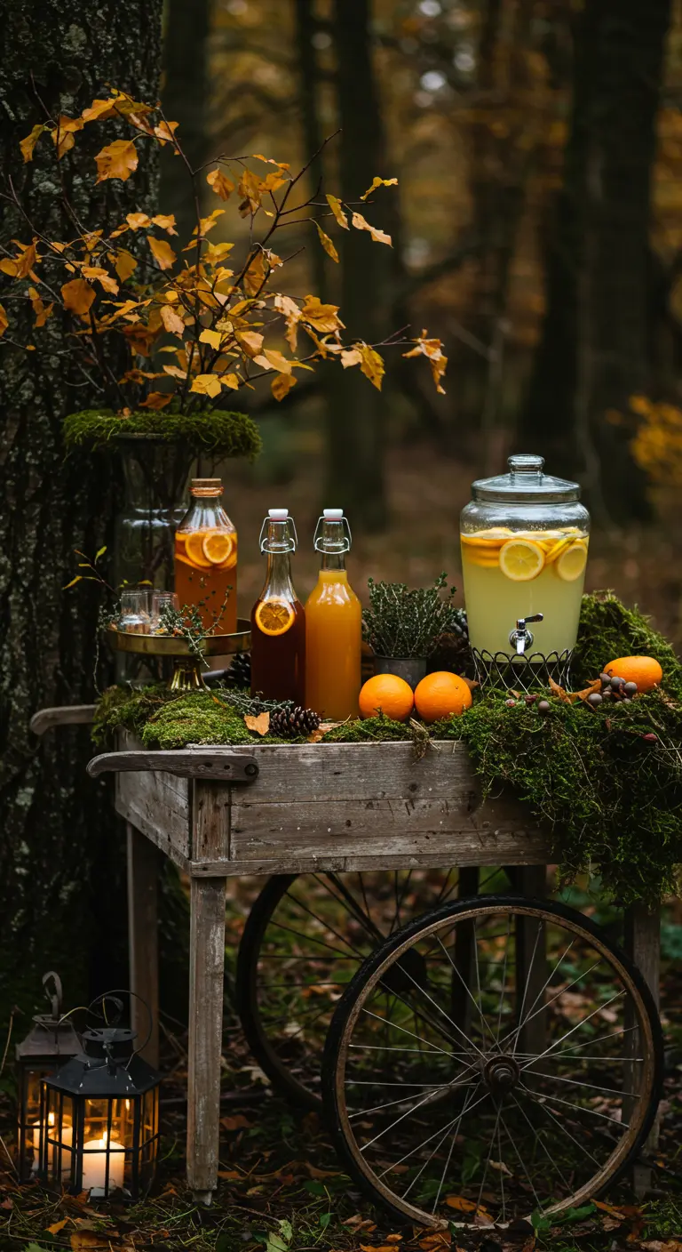Carrito de bebidas rústico en el bosque, decorado con musgo y bebidas de otoño.