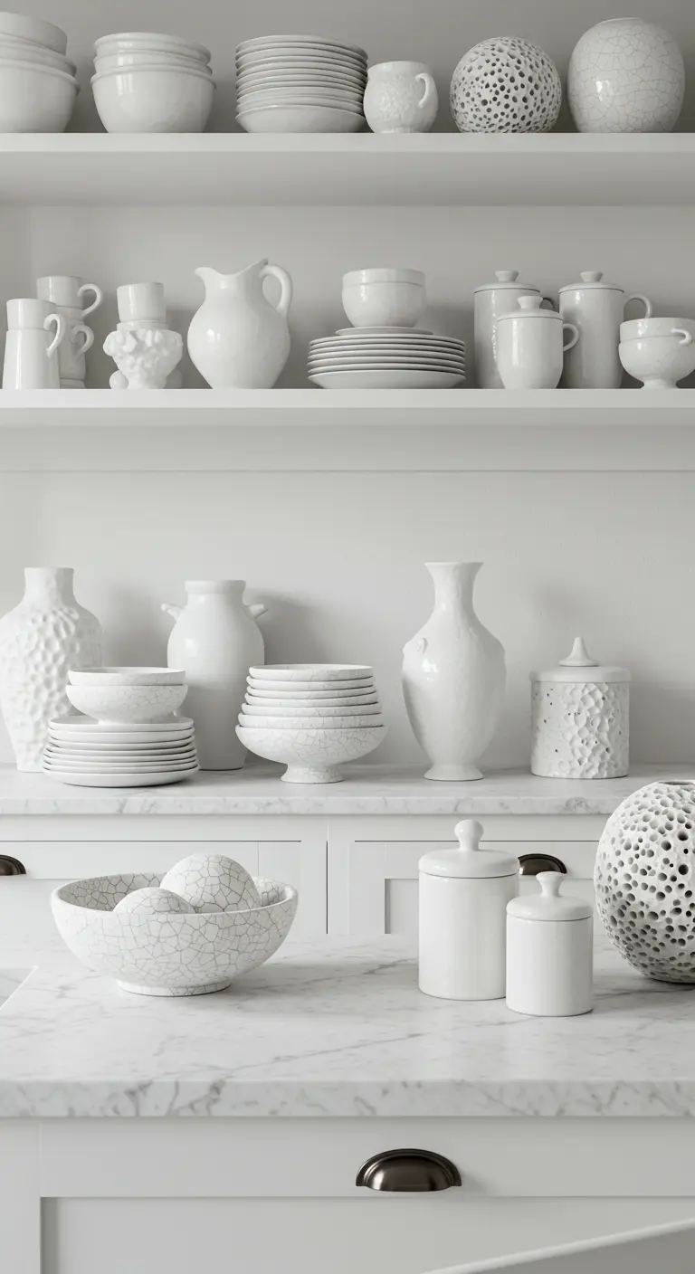 Estanterías de una cocina blanca repletas de cerámica blanca con diferentes texturas.