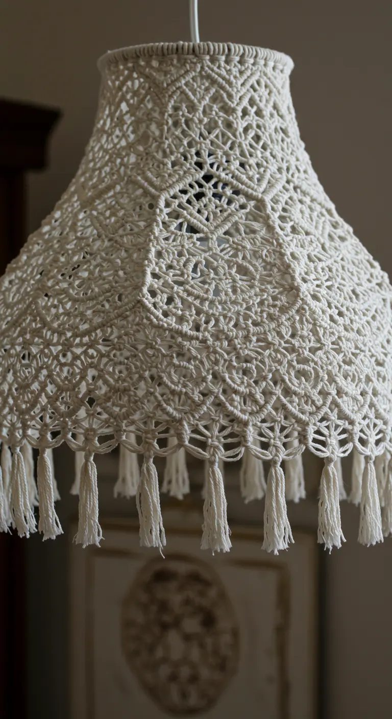 Primer plano de una pantalla de macramé blanca con un patrón intrincado y borlas.