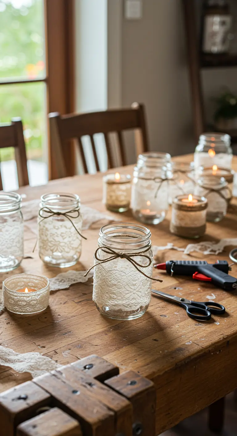 Frascos de vidrio decorados con cinta de encaje blanco y lazos de cuerda de yute sobre una mesa de madera.