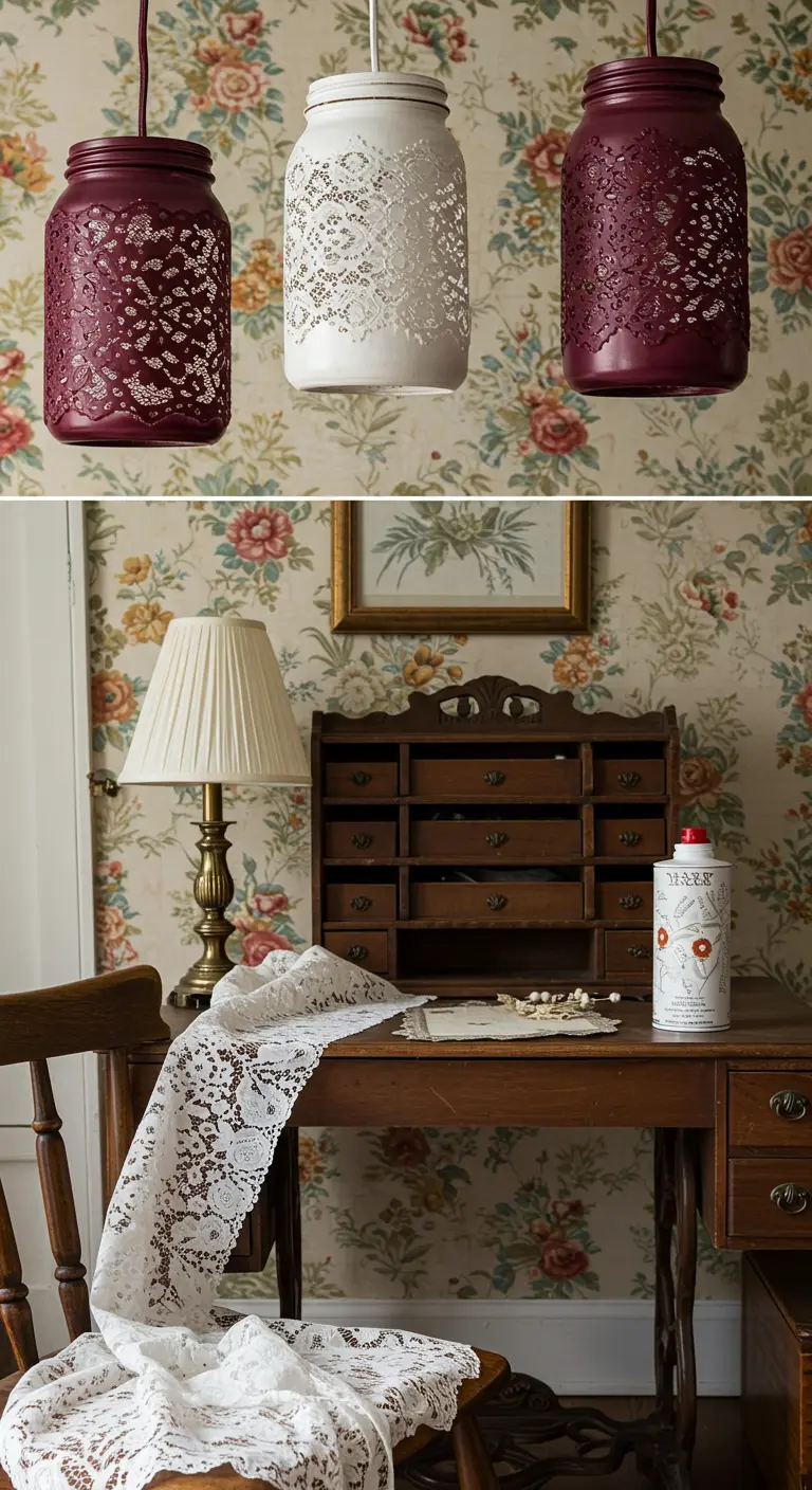 Lámparas colgantes DIY con un patrón de encaje pintado en colores borgoña y blanco.