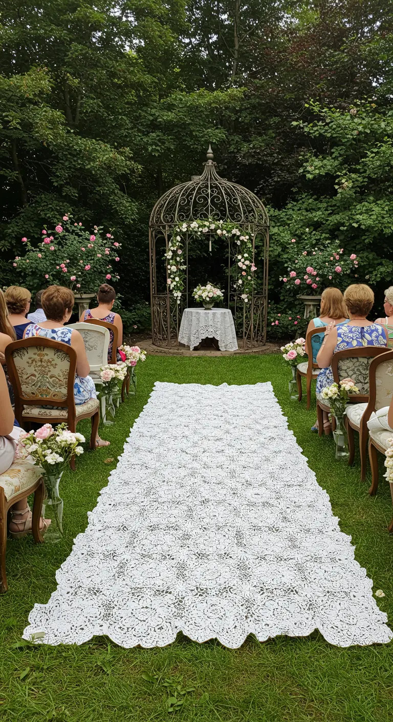 Largo camino de encaje blanco sobre el césped de un jardín para una boda romántica.