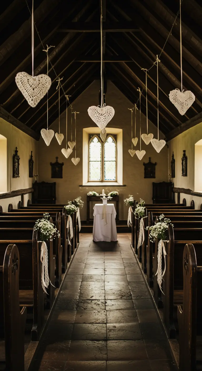 Pasillo de una iglesia rústica decorado con corazones de ganchillo colgando de los bancos.
