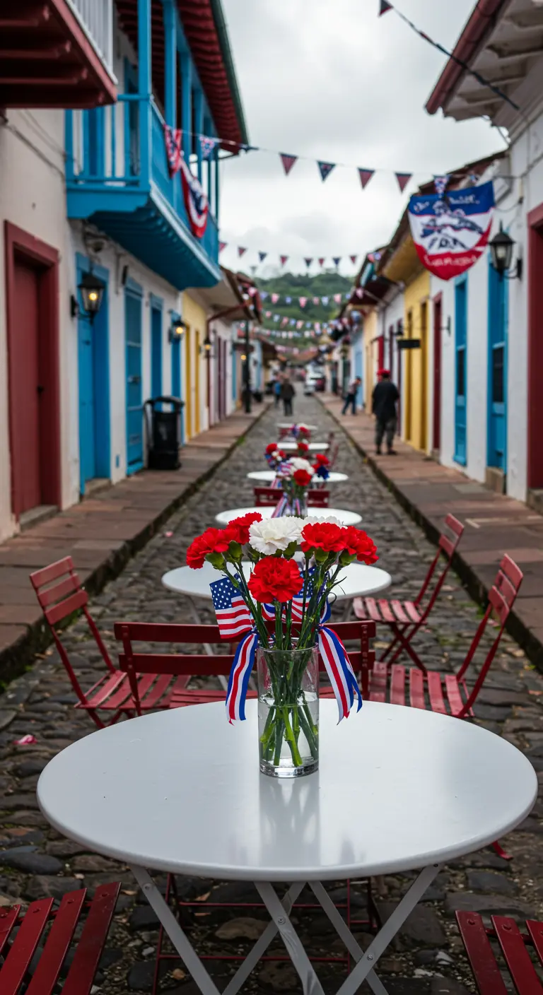 Mesa de café en una calle empedrada con un jarrón de claveles rojos y blancos y una banderita.