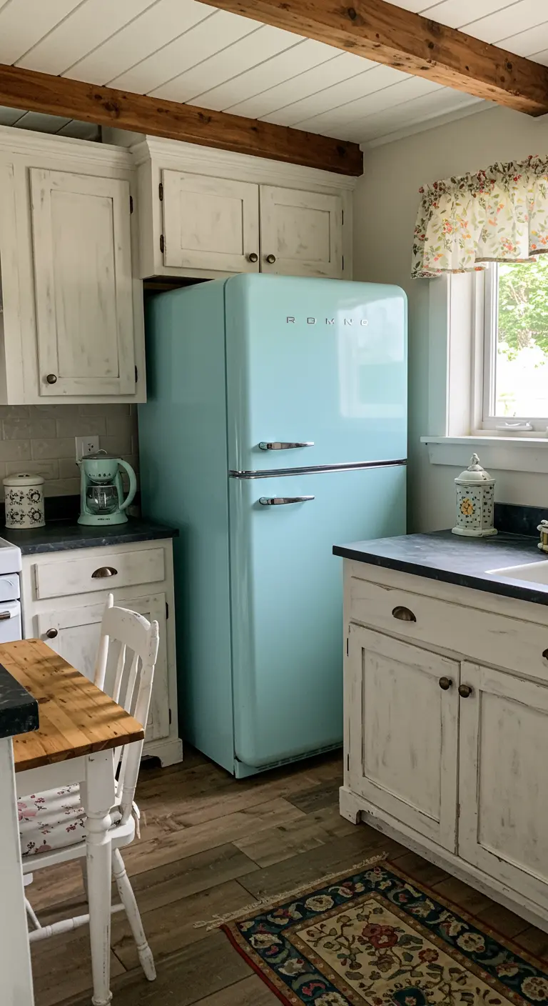 Cocina de estilo rústico con frigorífico retro azul claro y armarios blancos desgastados.