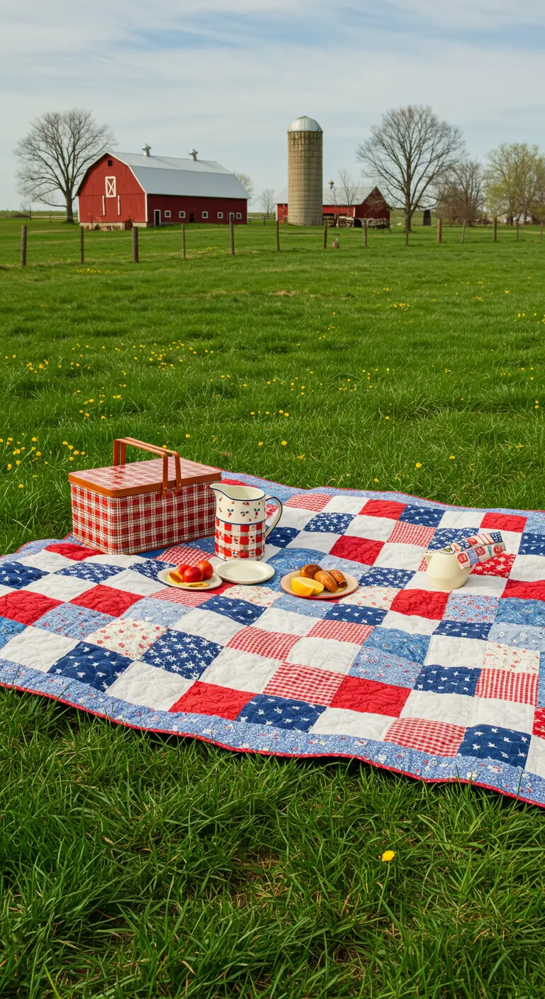 Picnic de estilo campestre con una colcha de patchwork roja, blanca y azul frente a un granero.