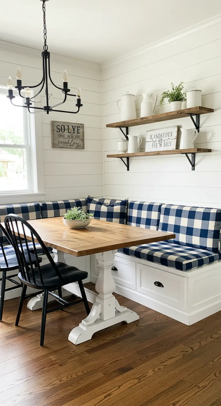Banco esquinero blanco estilo farmhouse con cojines de cuadros vichy azules y mesa de madera.