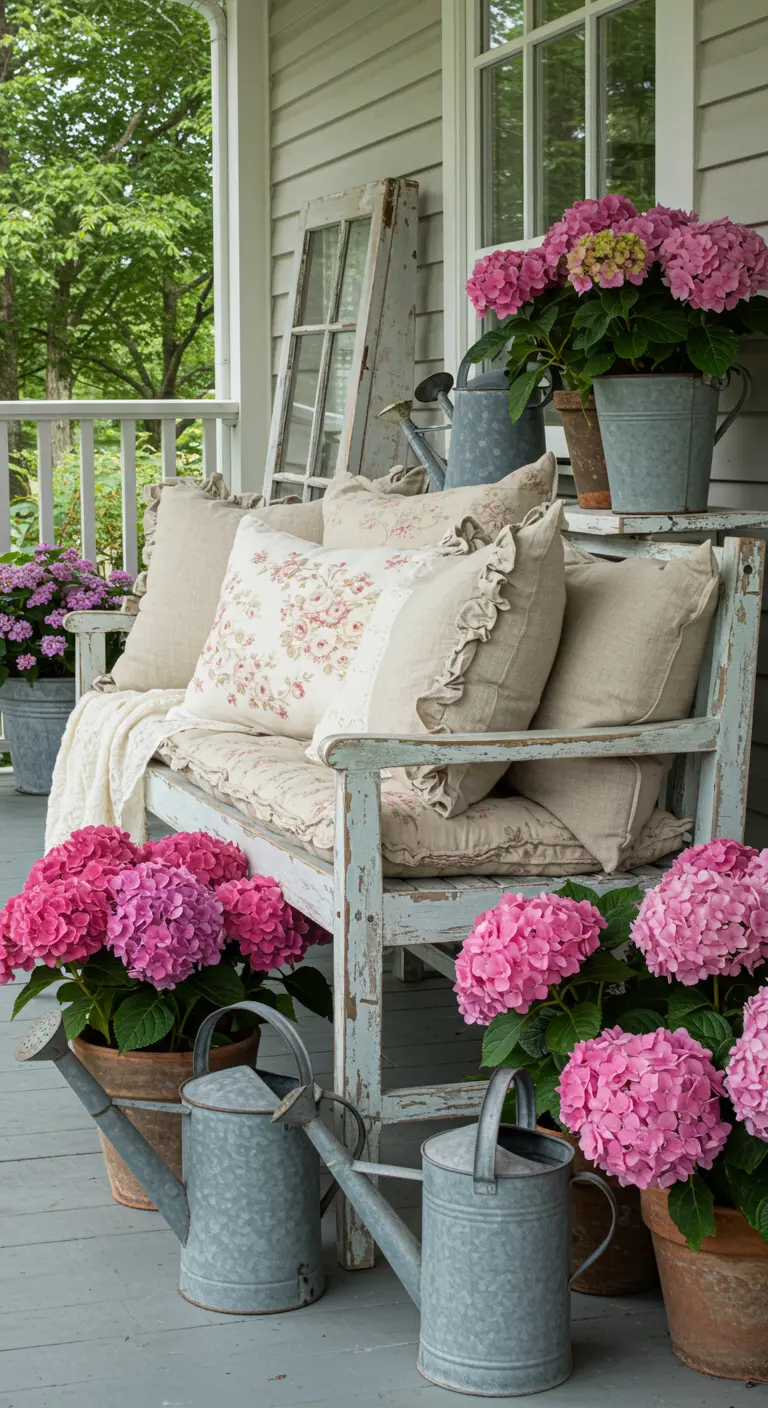 Banco de madera decapada en un porche, con cojines florales y de lino, rodeado de hortensias.