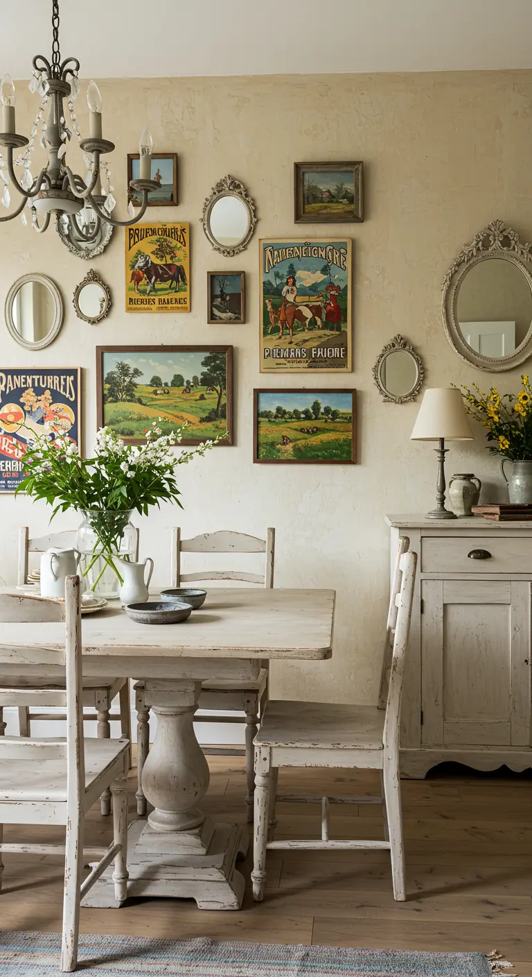 Galería de pared de estilo cottage con paisajes, carteles vintage y espejos ovalados