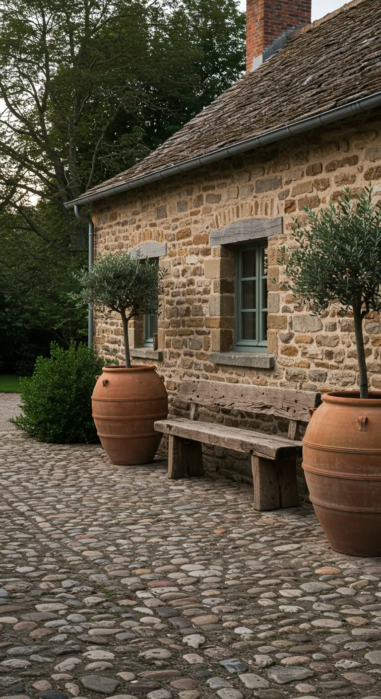 Fachada de casa de piedra con patio de adoquines, banco de madera envejecida y grandes tinajas.