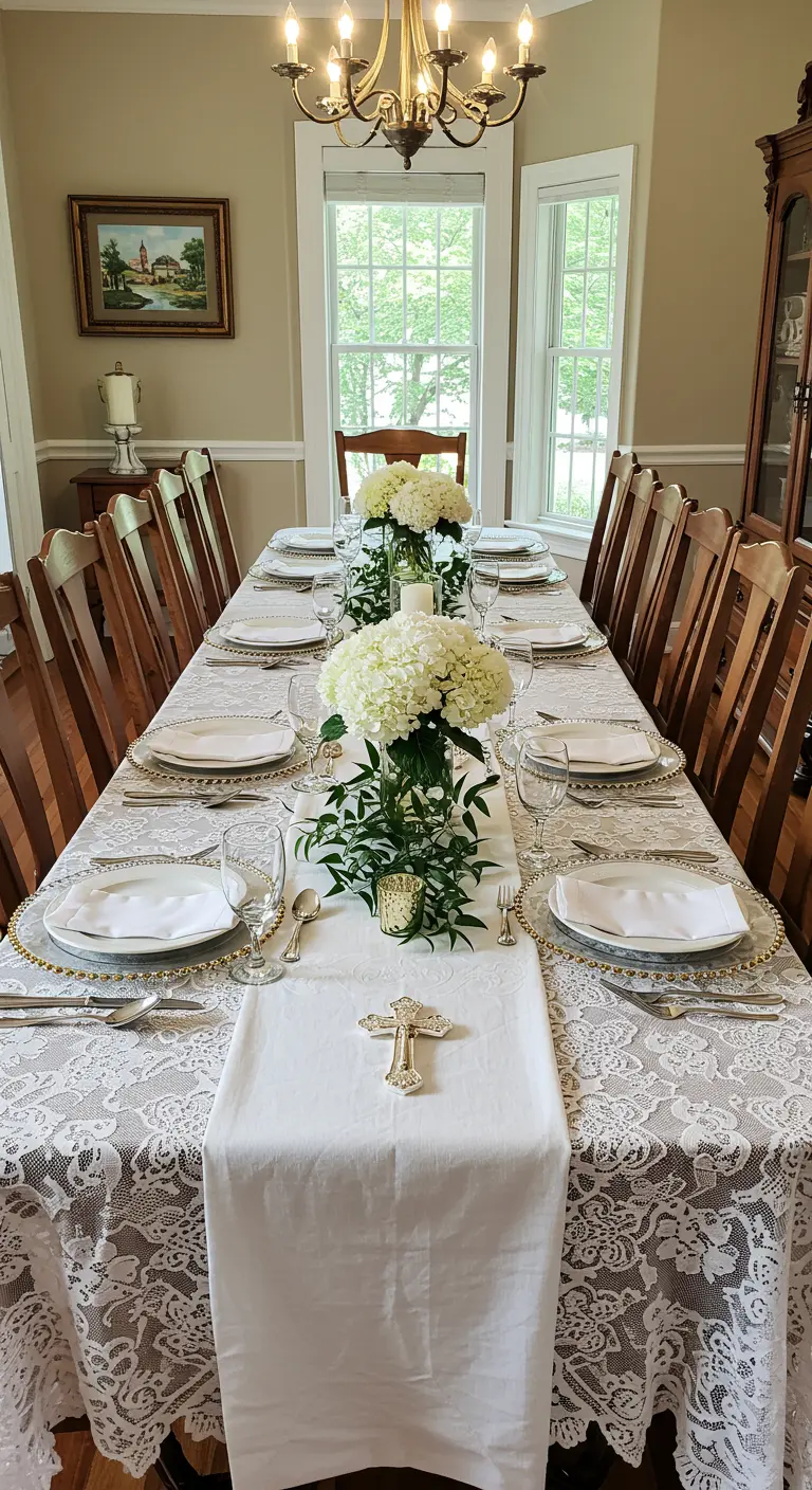 Mesa de comedor formal con mantel de encaje, bajoplatos dorados y una cruz dorada como centro.