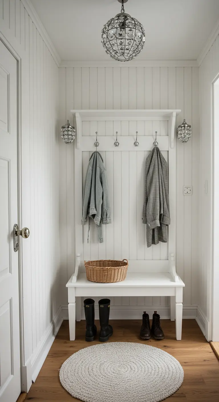 Recibidor de estilo cottage con perchero blanco y pequeñas lámparas de cristal en techo y pared