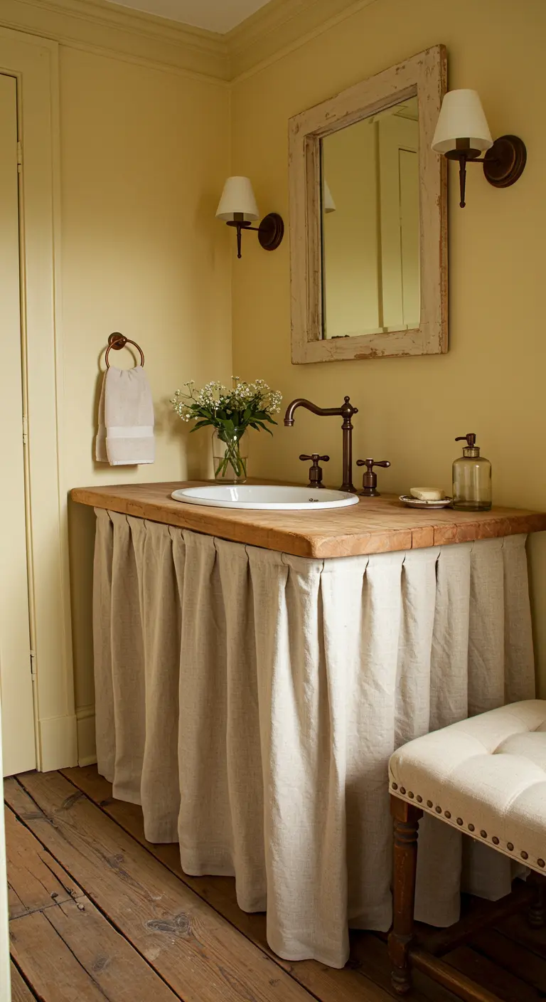 Baño de estilo cottage con lavabo con faldón de tela y paredes amarillas.