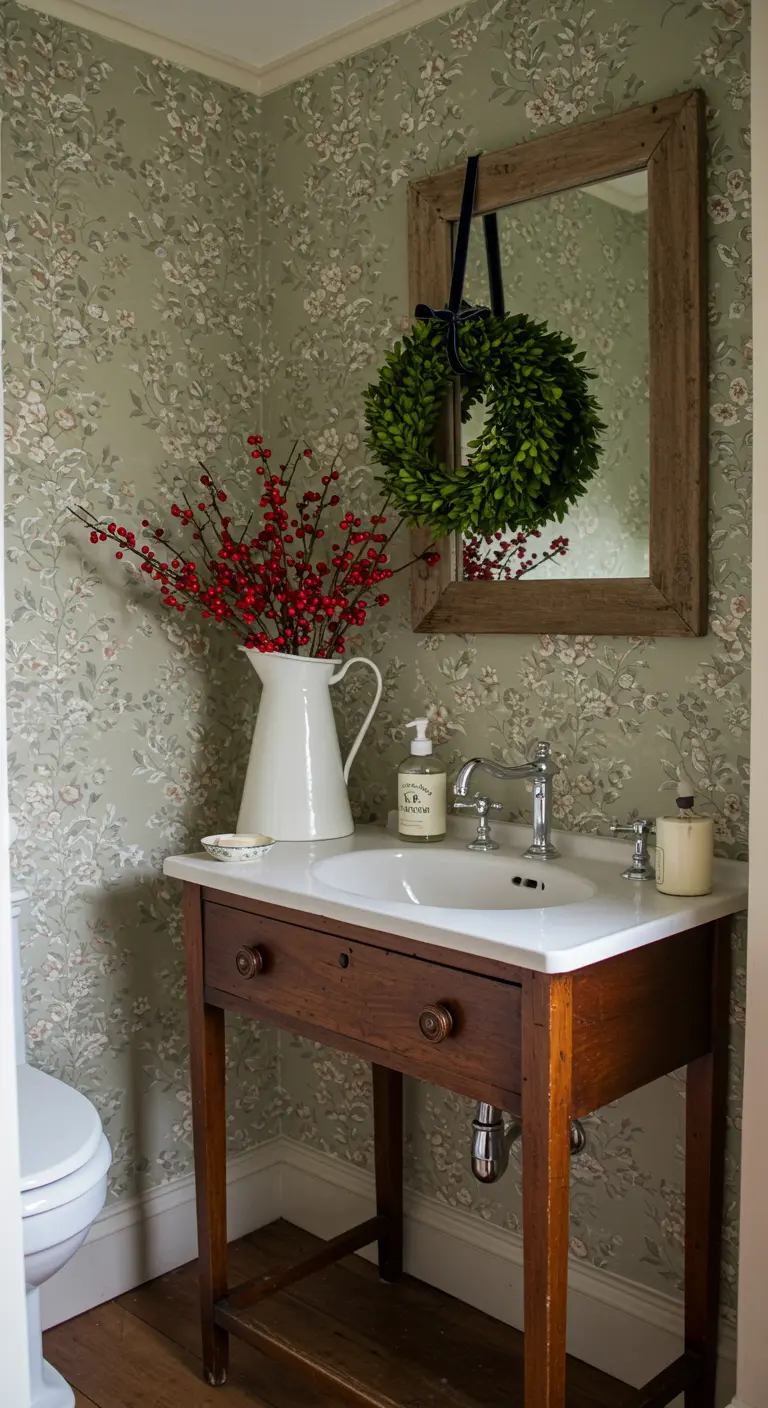 Baño de estilo cottage con una corona en el espejo y una jarra blanca con ramas de bayas rojas.