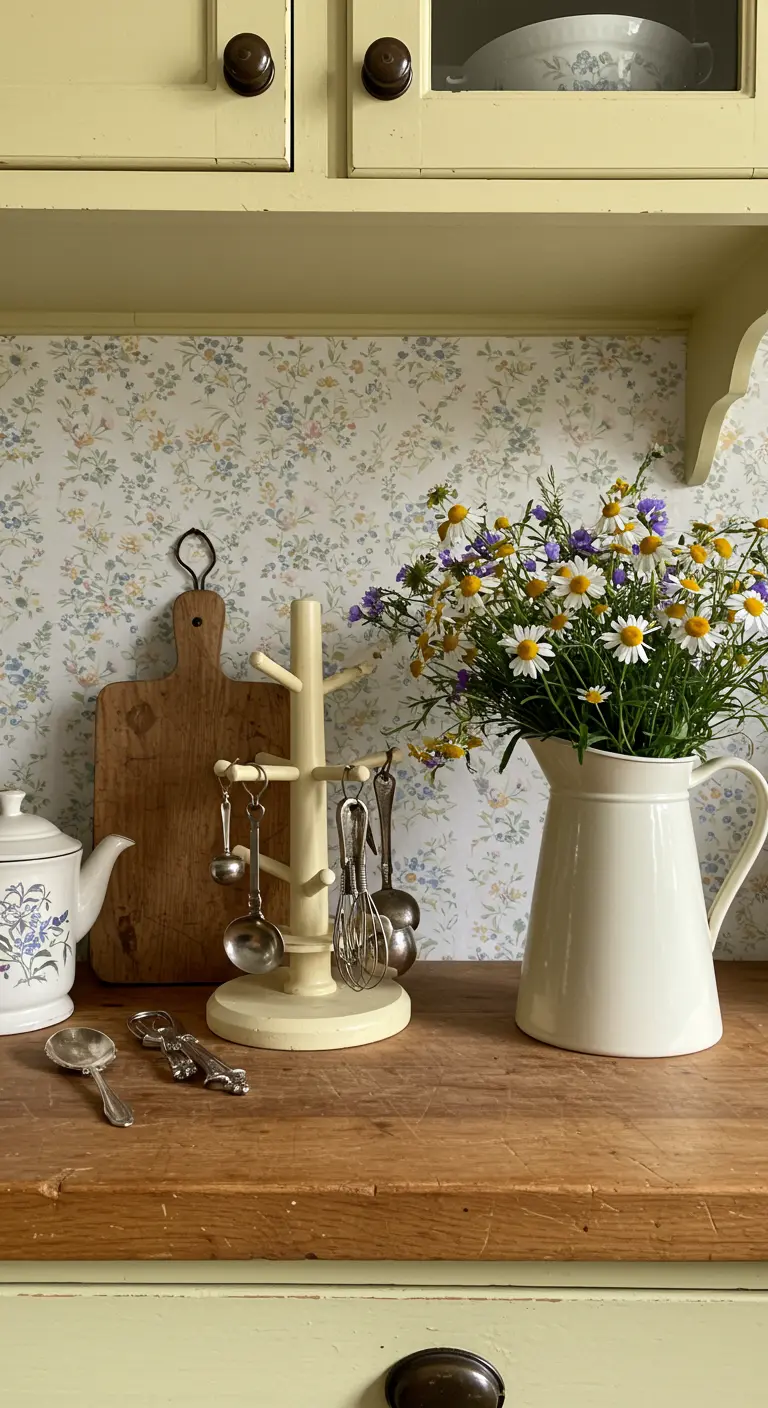 Un soporte de madera para tazas se usa para colgar cucharas medidoras en una cocina de estilo cottage
