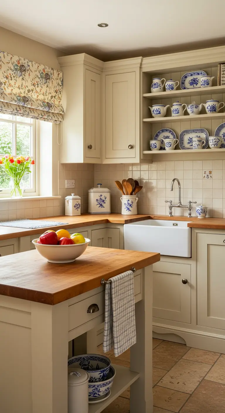 Cocina beige estilo cottage con vajilla azul y blanca en estantes abiertos.