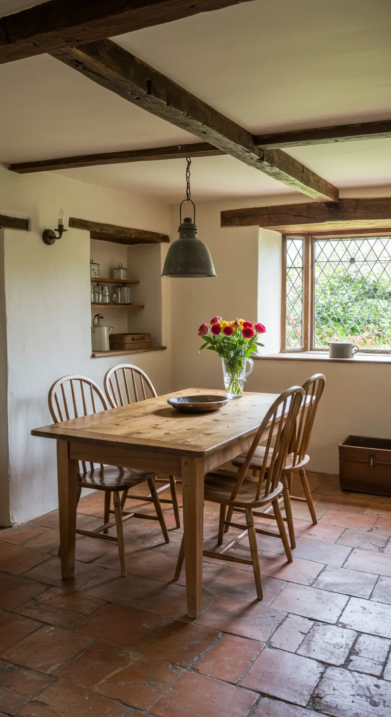 Comedor de casa de campo sencillo con paredes blancas, vigas de madera y una mesa de pino.