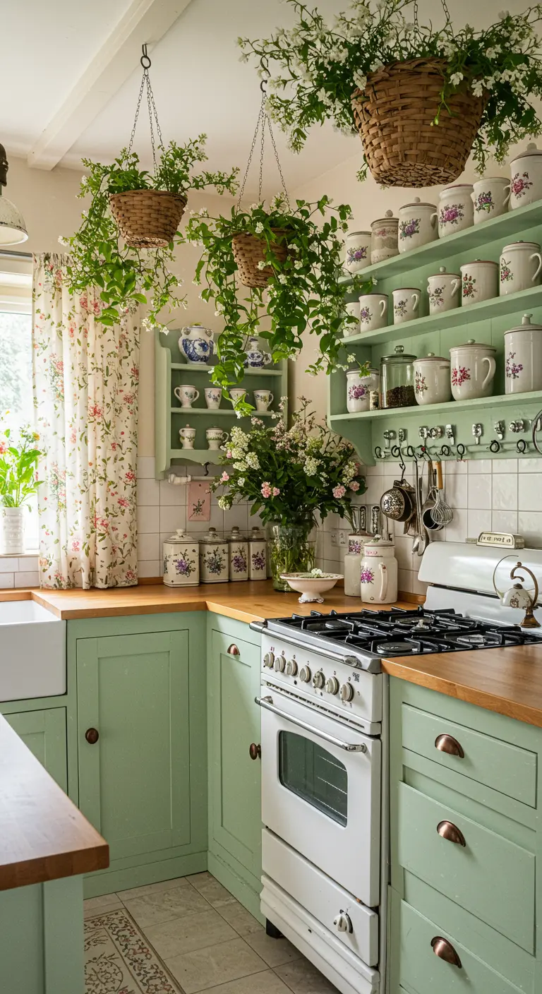 Cocina de estilo cottage con gabinetes verde salvia y cestas colgantes con flores blancas.