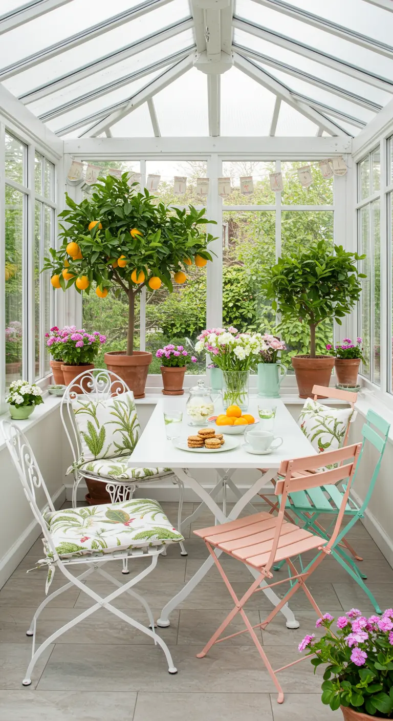 Invernadero con mesa blanca y sillas de bistro metálicas en colores pastel y cojines florales.