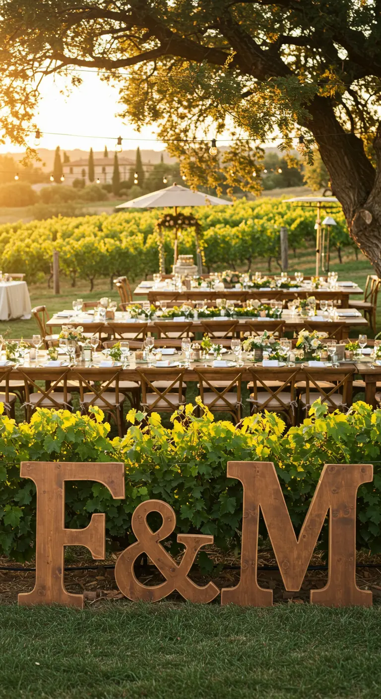 Iniciales de madera oscura 'F & M' colocadas en la hierba frente a las mesas de una boda en un viñedo.
