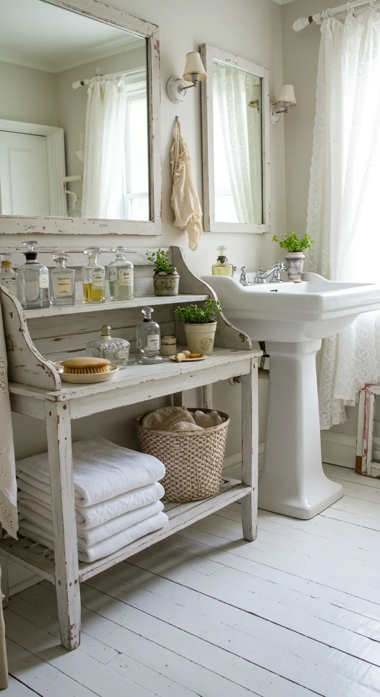Baño shabby chic con un mueble de trabajo antiguo pintado de blanco y desgastado.