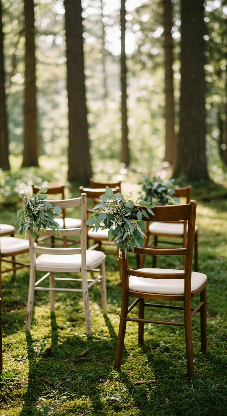 Sillas de madera en un claro del bosque con pequeños ramos de eucalipto en los respaldos.