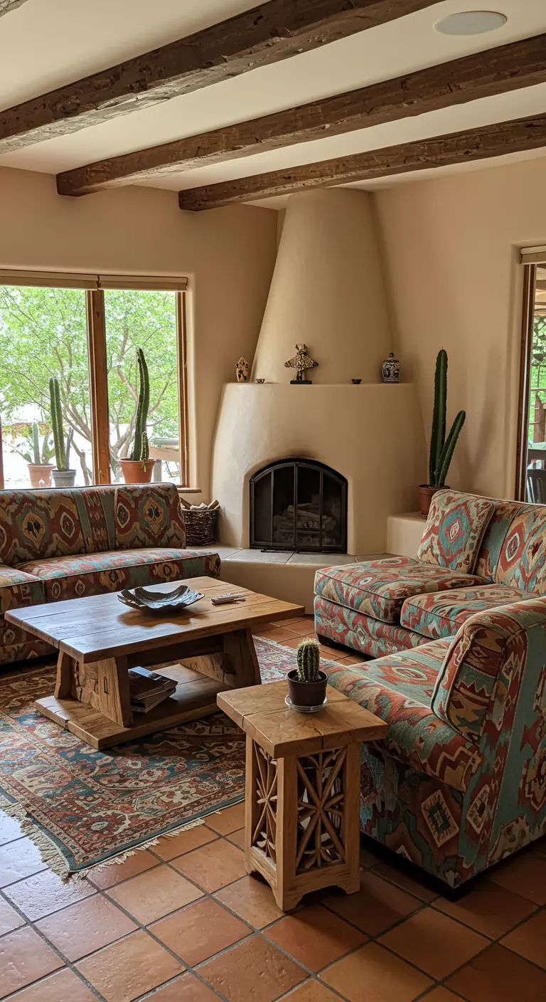 Sala de estar estilo suroeste con chimenea de adobe y sofás con patrones navajo.