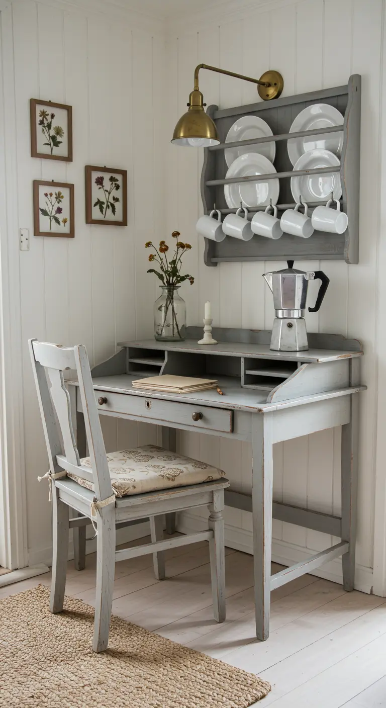 Escritorio de madera pintado de gris claro en un rincón de estilo escandinavo.