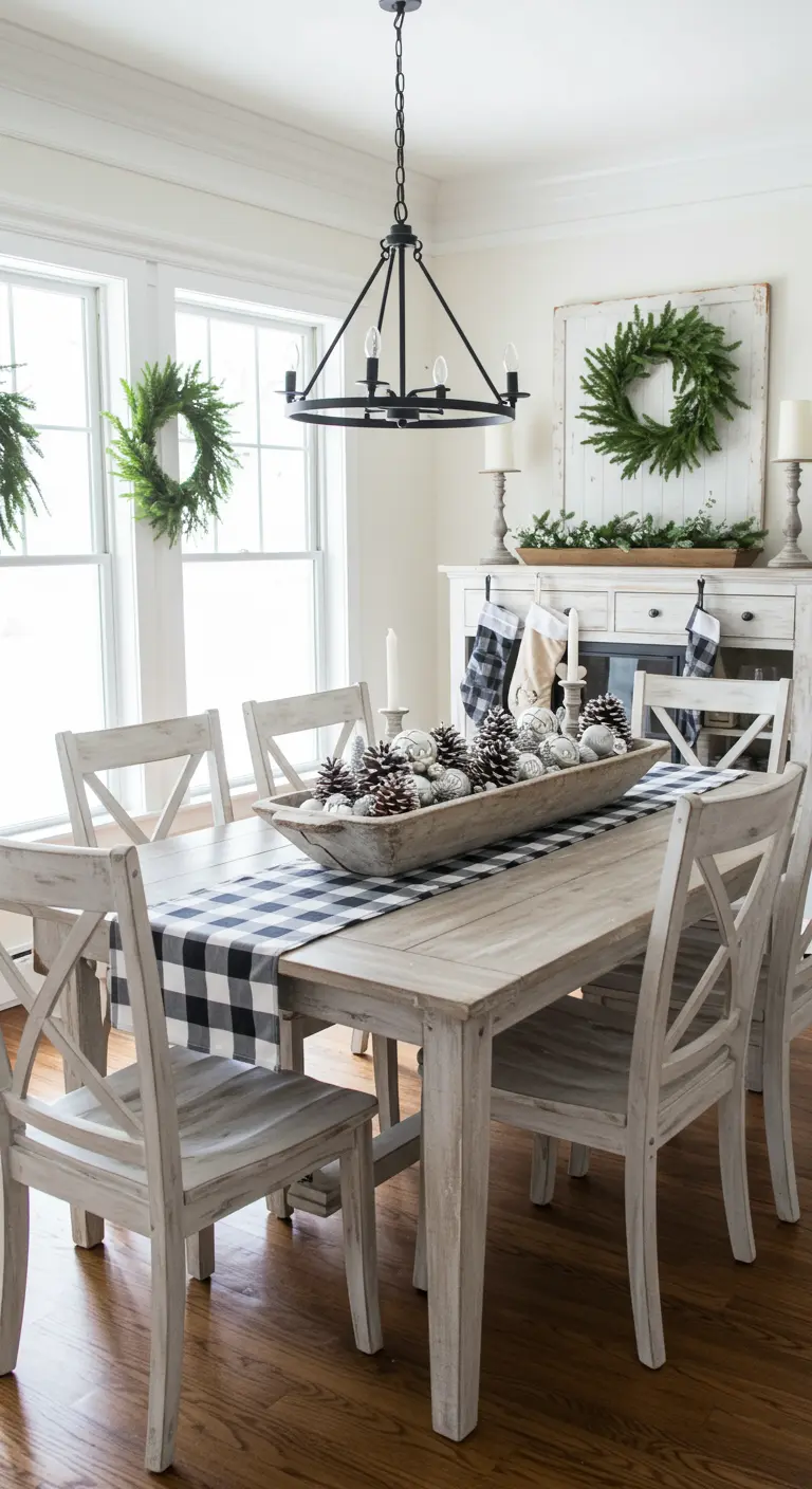 Comedor de estilo farmhouse con un centro de mesa de piñas en un cuenco de madera.