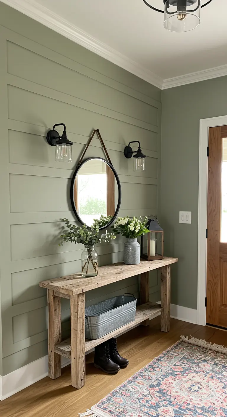 Recibidor farmhouse con pared verde salvia, consola de madera rústica y espejo negro colgante
