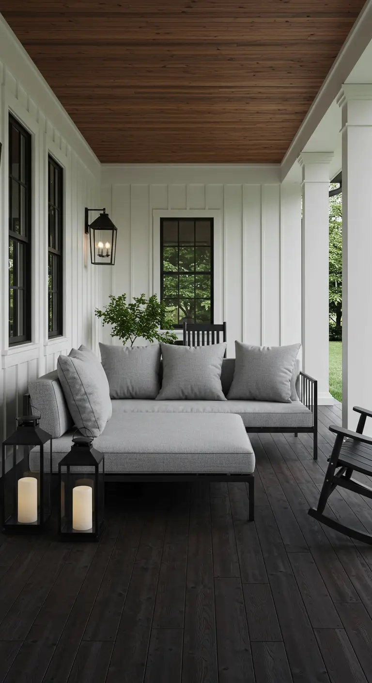 Porche de estilo farmhouse con sofá gris, suelo oscuro, paredes blancas y grandes faroles negros.